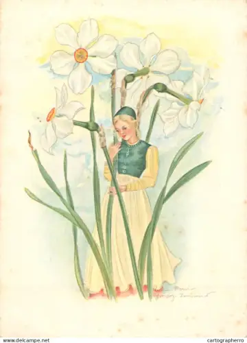 A6215 Anny von Schwarz - Flower Children / Blumenkinder Series - Girl & White Daffodils
