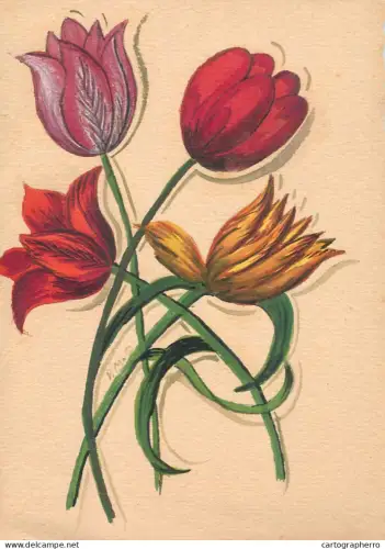 A6215 Vintage Graphic Illustration - Colorful Tulips Bouquet Folk Art signed R.M.S.