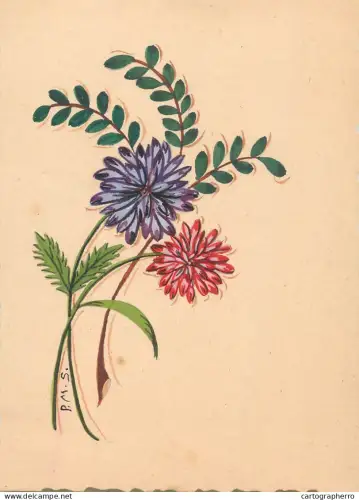 A6215 Vintage Graphic Illustration - Drawn Purple & Red Flowers signed R. M. S.