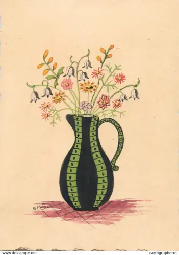 A6215 Vintage Graphic Illustration - Black & Green Pitcher Vase with Wild Flowers