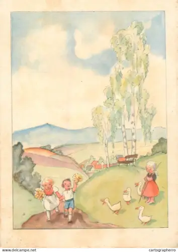 A6215 Vintage Pastel Illustration Postcard - Rural Village Landscape with Idyllic Children & Geese