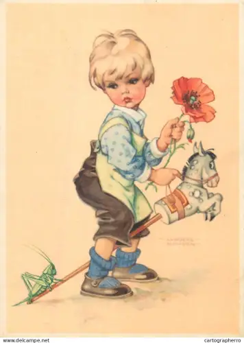 A6215 Vintage Artist Postcard Ilse Wende-Lungershausen Blond Boy Riding Stick Toy Horse with Poppy Flower & Grasshopper