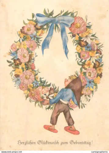 A6215 Birthday Postcard German - Gnome / Elf carrying Huge Floral Wreath
