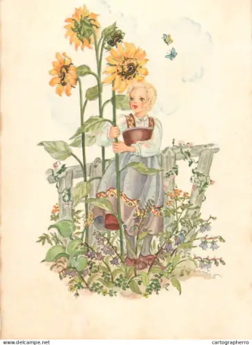 A6215 Anny von Schwarz - Fillette et Tournesols / Muguet Clochettes / Tournesol sunflowers