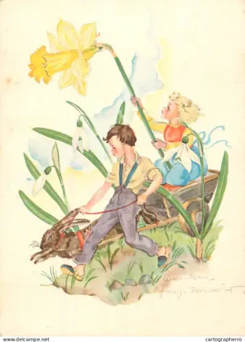 A6215 Anny von Schwarz - Enfants, Charette et Lièvre / Pâques / Jonquille