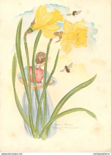 A6215 Fleurs - Jonquilles Jaunes (Narcissus) / Femme et Abeilles / Narcisse