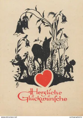A6215 Herzliche Glückwünsche / Silhouette Scherenschnitt Biche Coeur Rouge / Voeux