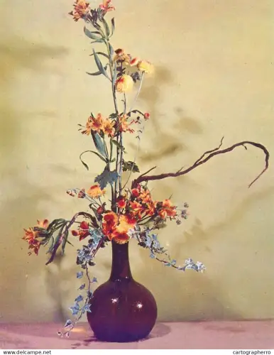 A6215 Bouquet de Chrysanthèmes et Alstroemeria / Vase Vintage / Fleurs