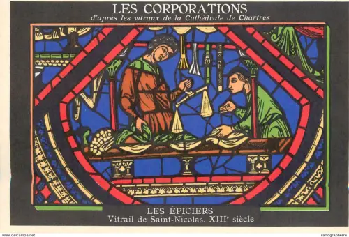 A6215 Vitrail de Saint-Lubin Chartres Les Épiciers publicite Aspirine Usines du Rhône Pâte Gingivale Specia