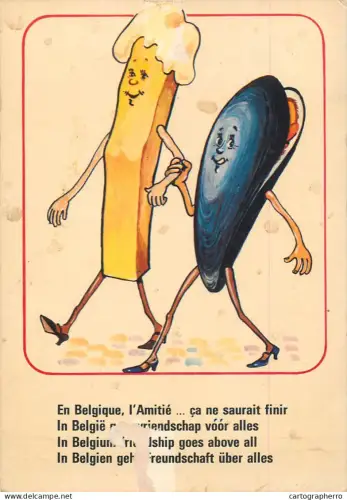 Postcard comic Belgium humanized food shell oister friendship