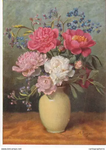 A6219 M. Panger - Pivoines et Myosotis dans un vase / Peonies Flowers - Vintage Art Postcard