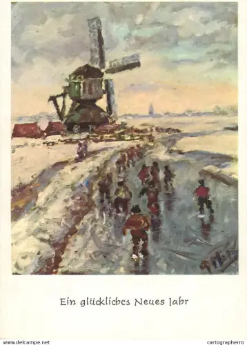 A6218 Neujahrskarte - Ein gluckliches Neues Jahr - Winterlandschaft mit Windmühle & Eisläufer