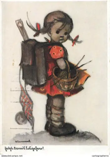 A6236 Carte Postale Écolière par Hummel - Petite fille au cartable et panier de tricot - "Jetzt kommt's..." 1940