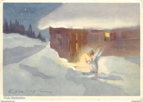 A6236 Fantaisie Noël - "Frohe Weihnachten" - Petit ange avec bougie devant un chalet sous la neige