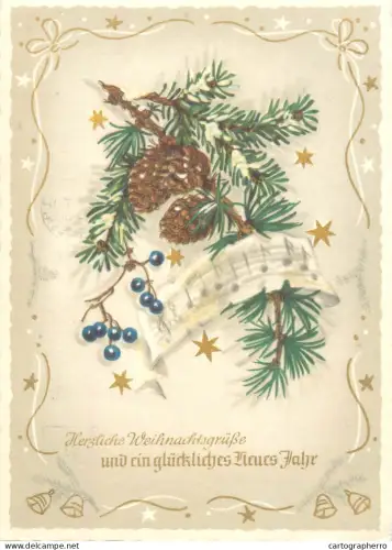A6236 Weihnachtskarte - "Herzliche Weihnachtsgrüße..." Tannenzweig, Zapfen und Notenblatt, Cachet SCHWEIZER Briefmarken