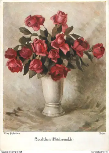 A6236 Glückwunsch / Blumen - Rote Rosen in Vase - Signiert Max Pistorius - "Rosen"