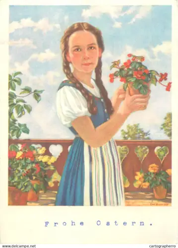 A6236 Ostern / Schweiz - "Frohe Ostern" - Mädchen in Tracht mit Blumen - Signiert Emil Bauen 1938 PRO INFIRMIS Postkarte