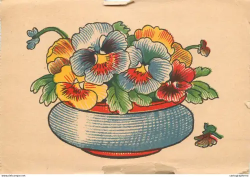 A6237 Carte Postale Thématique - Fleurs : Pensées jaunes, bleues et rouges - Dessin Rétro Suisse