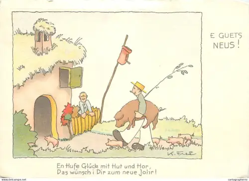 A6237 Caricature par K. Frei - Édition Max Künzli Neujahr / Schweiz - "E guets Neus !" - Glücksschwein / Schweine