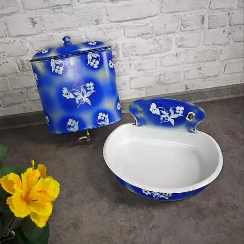 Emaille Wandwaschset Blau Weiß Spritzdekor antik Waschbecken Tank  um 1900 Landh