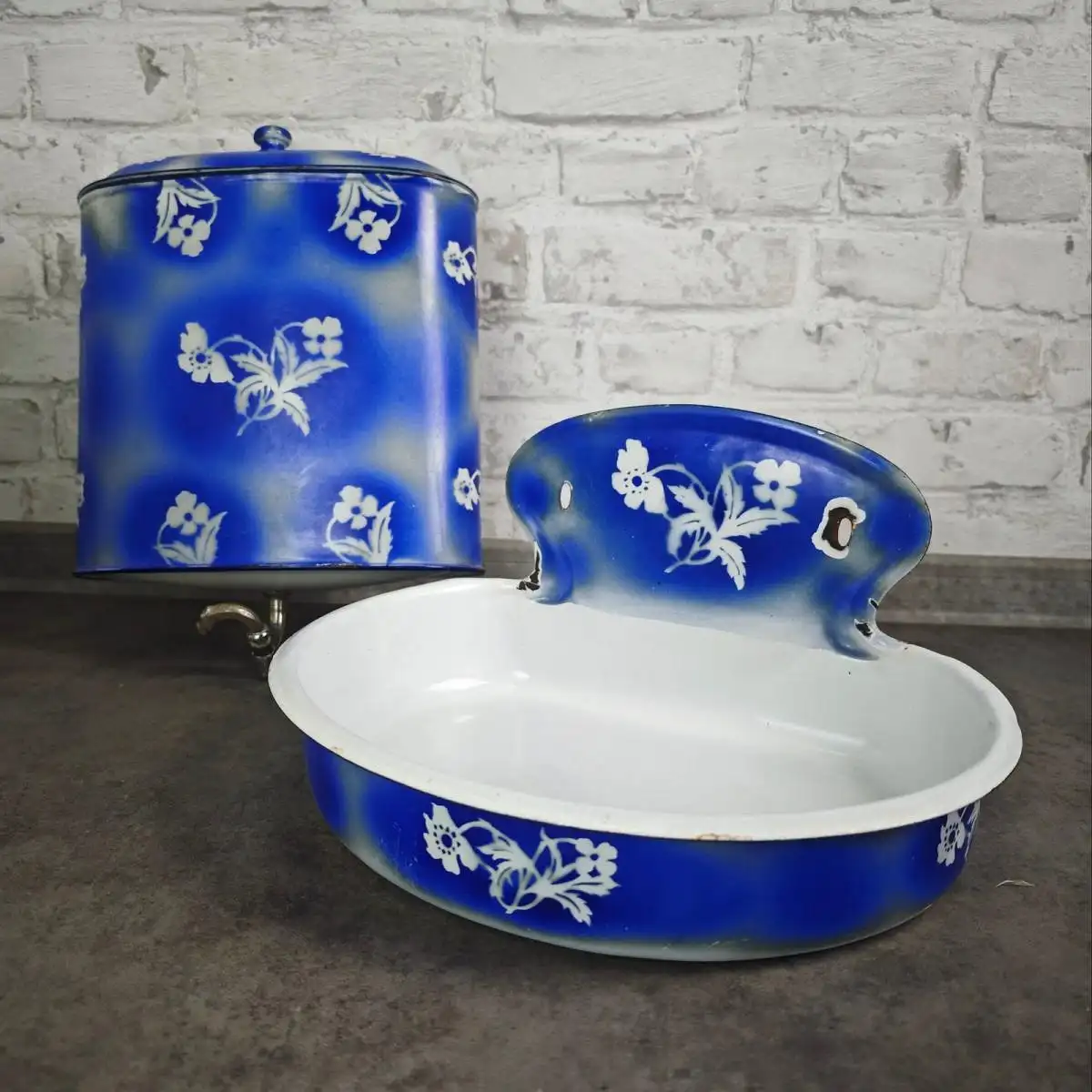 Emaille Fontaine Wasch Set Blau Spritzdekor antik Lavabo Tank  1900 Landhaus 1