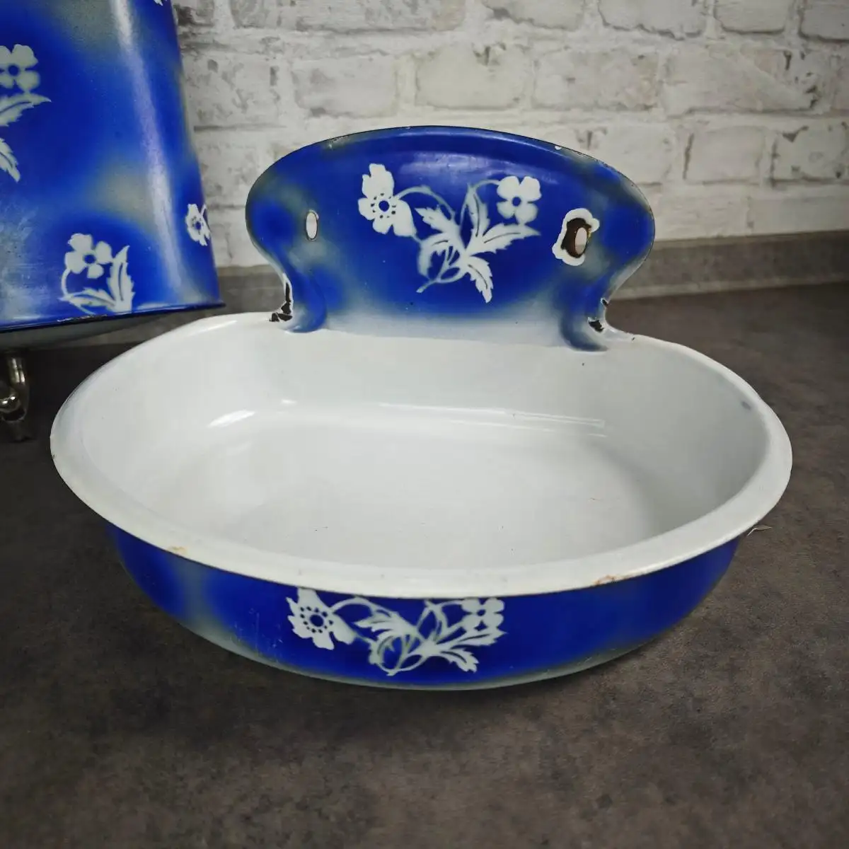 Emaille Fontaine Wasch Set Blau Spritzdekor antik Lavabo Tank  1900 Landhaus 2