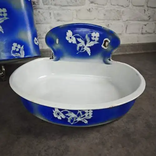 Emaille Fontaine Wasch Set Blau Spritzdekor antik Lavabo Tank  1900 Landhaus