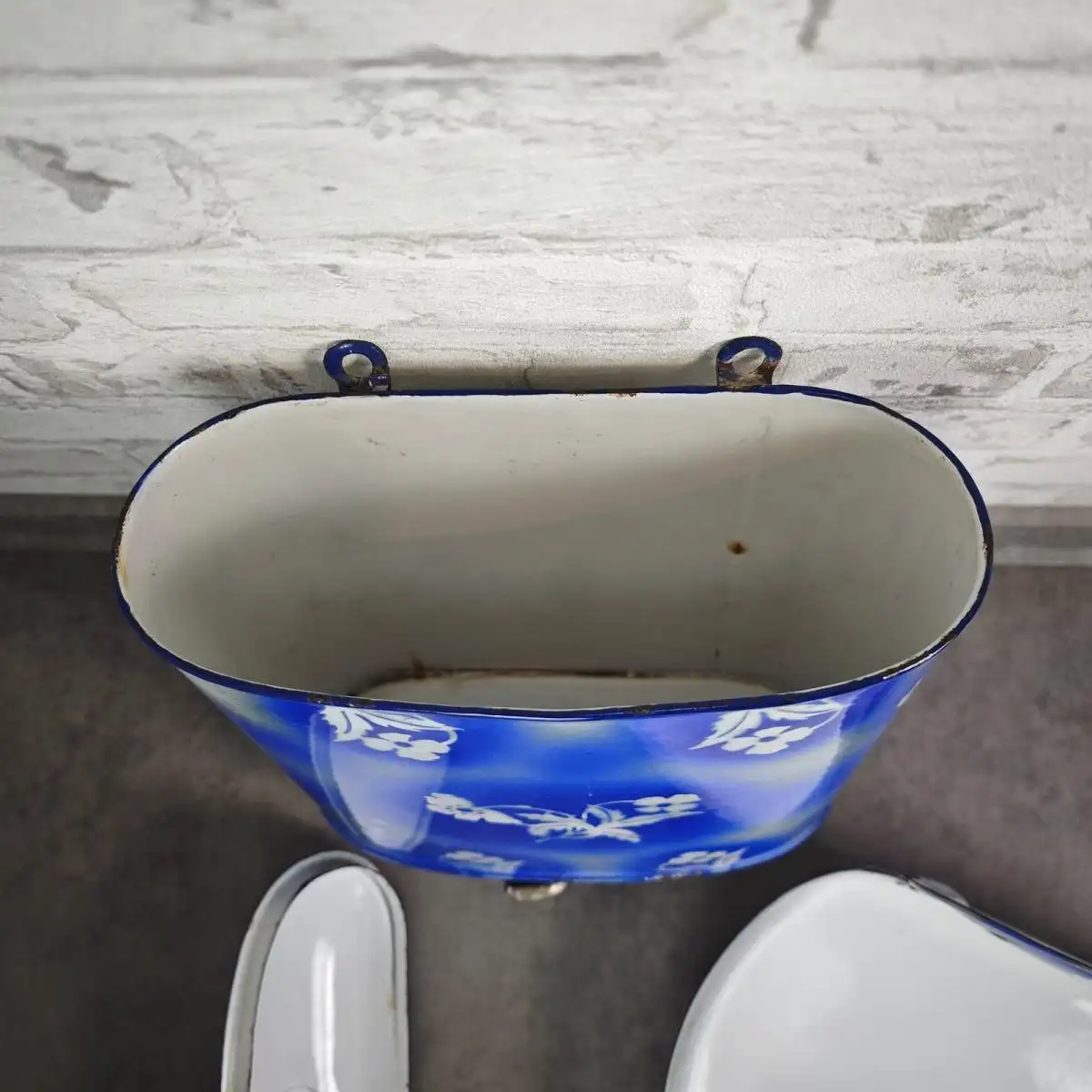 Emaille Fontaine Wasch Set Blau Spritzdekor antik Lavabo Tank  1900 Landhaus 6