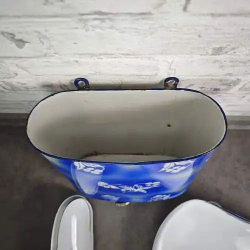 Emaille Fontaine Wasch Set Blau Spritzdekor antik Lavabo Tank  1900 Landhaus