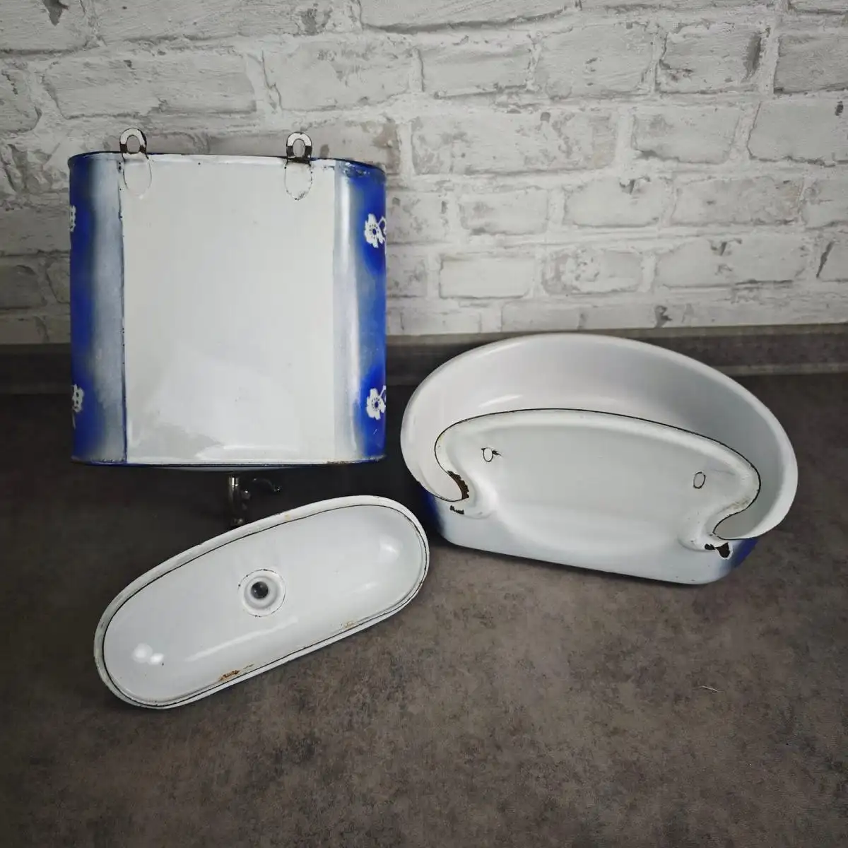 Emaille Fontaine Wasch Set Blau Spritzdekor antik Lavabo Tank  1900 Landhaus 7
