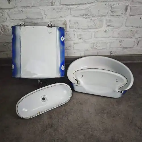 Emaille Fontaine Wasch Set Blau Spritzdekor antik Lavabo Tank  1900 Landhaus