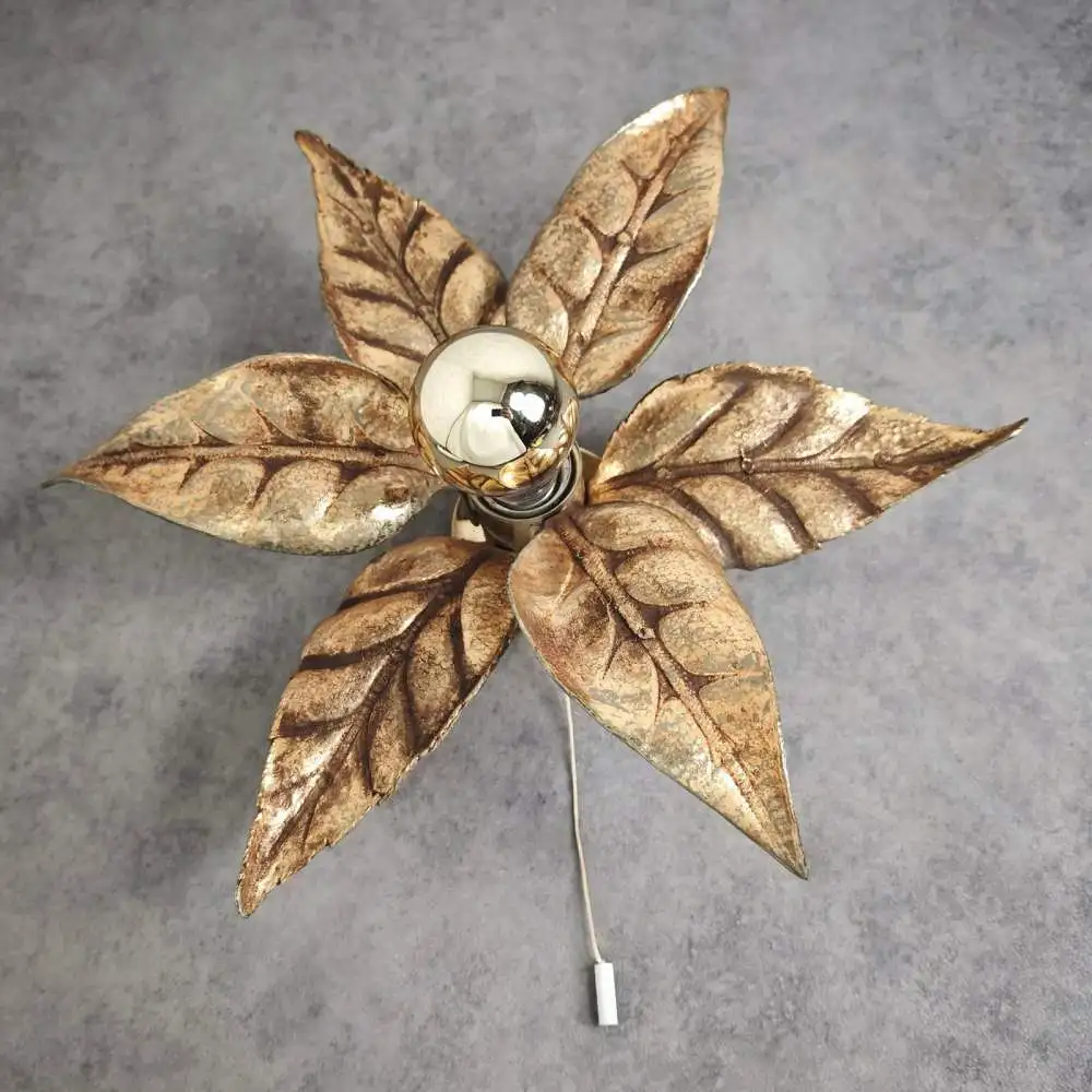 Vintage Wandleuchte Massive 4963/01 florale Blattgold Lampe 70er Jahre Hollywood 0