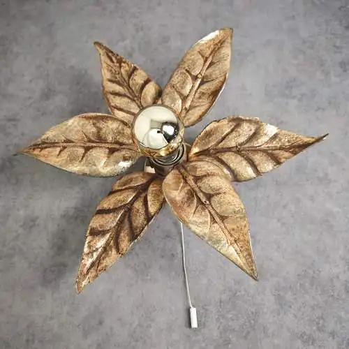 Vintage Wandleuchte Massive 4963/01 florale Blattgold Lampe 70er Jahre Hollywood