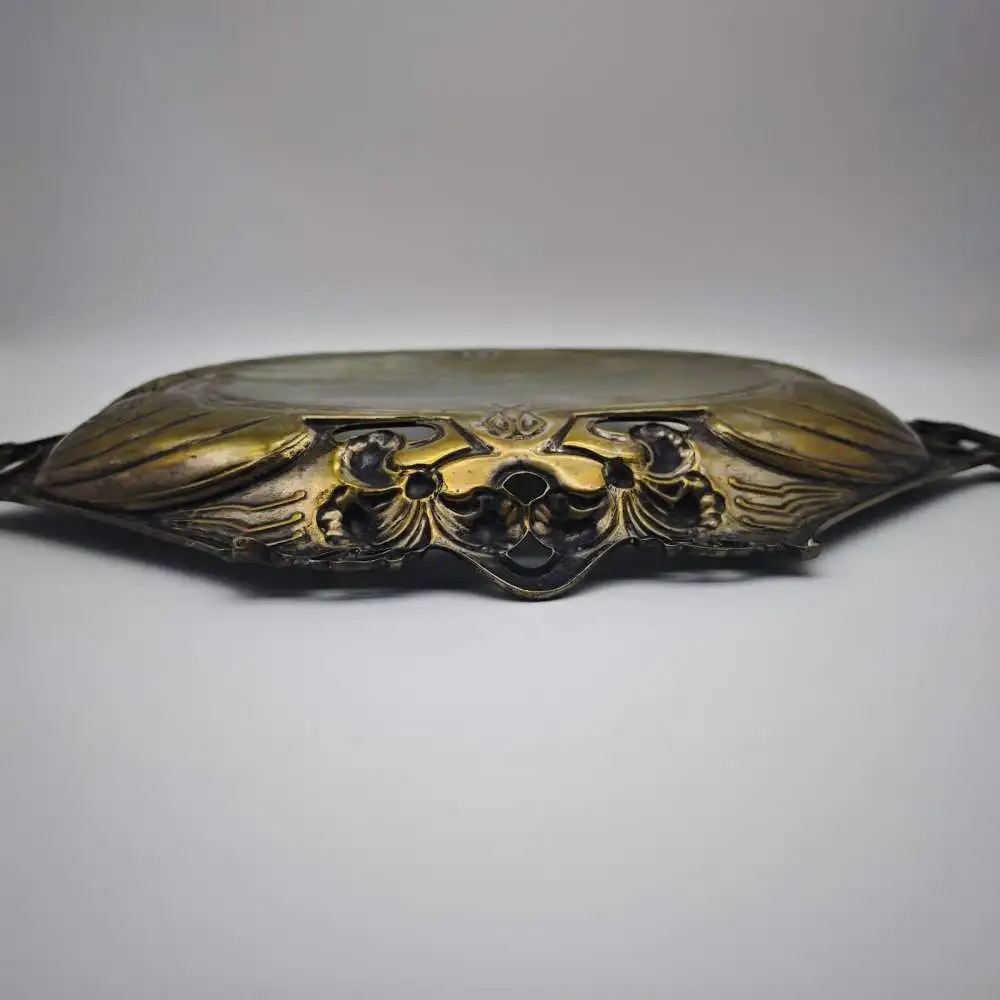 Jugendstil Schale Messing Quist Esslingen Tablett 1900 florale Lilien Blumendeko 11