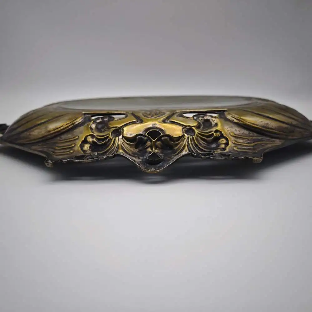 Jugendstil Schale Messing Quist Esslingen Tablett 1900 florale Lilien Blumendeko 12