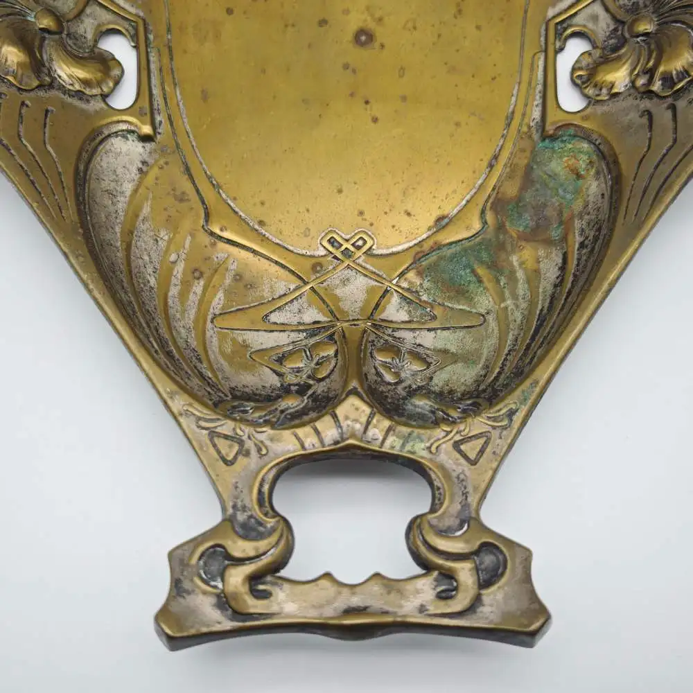 Jugendstil Schale Messing Quist Esslingen Tablett 1900 florale Lilien Blumendeko 4