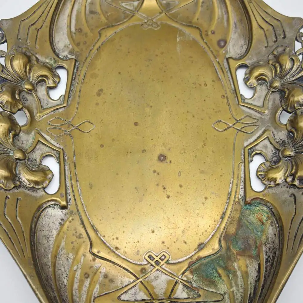 Jugendstil Schale Messing Quist Esslingen Tablett 1900 florale Lilien Blumendeko 5