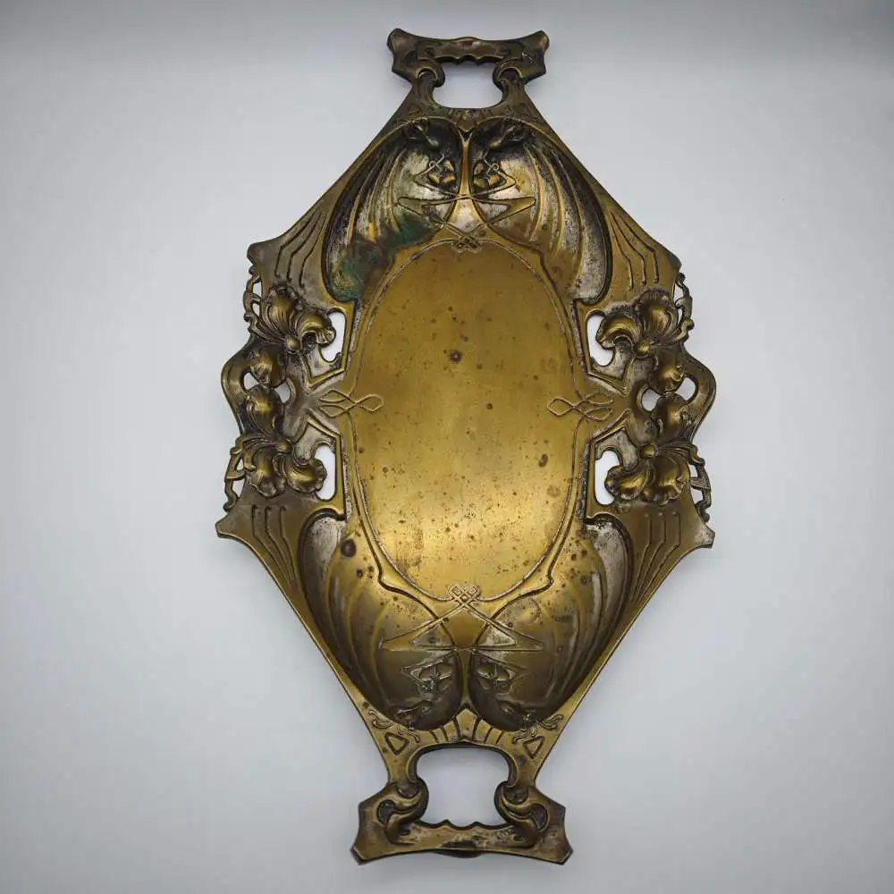 Jugendstil Schale Messing Quist Esslingen Tablett 1900 florale Lilien Blumendeko 6