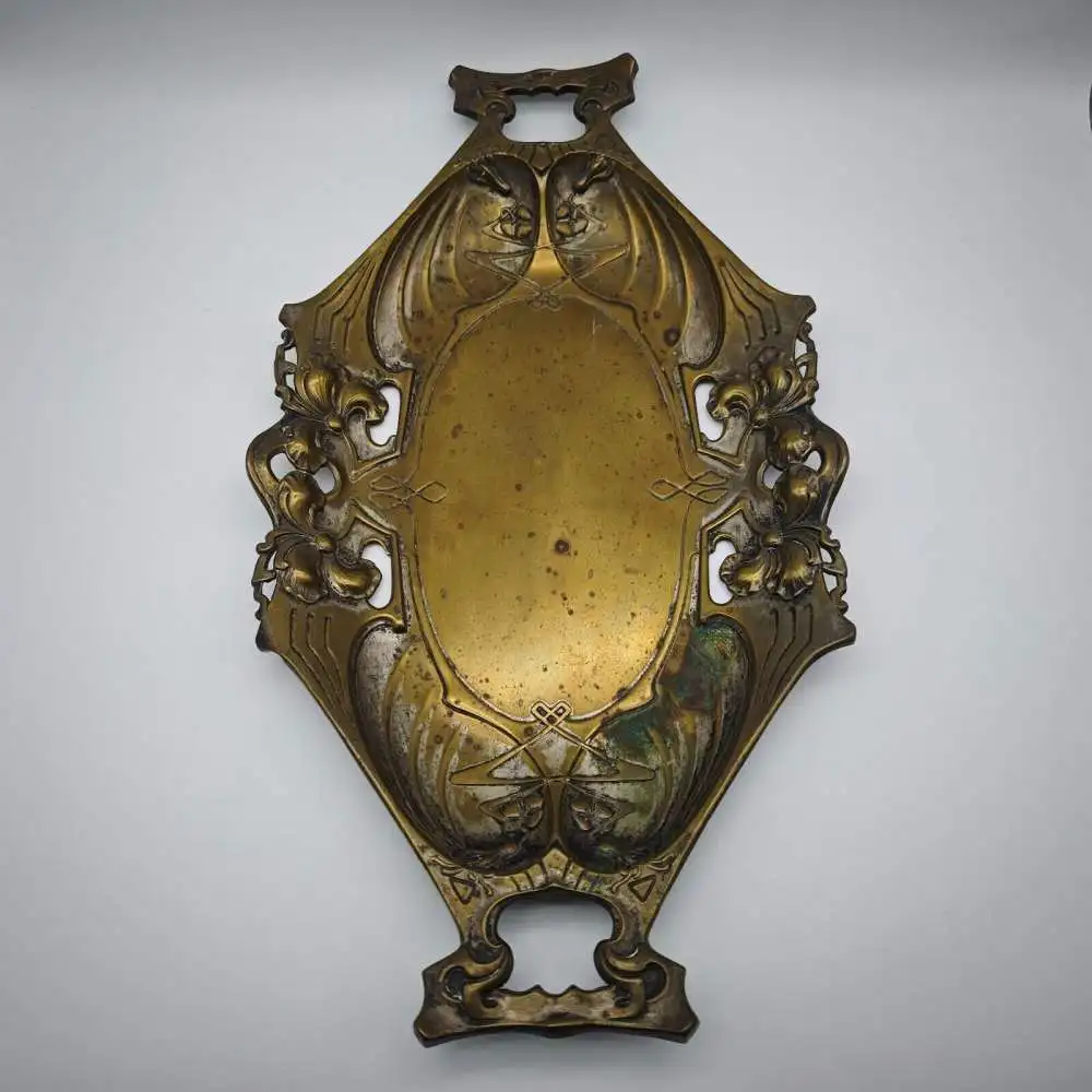 Jugendstil Schale Messing Quist Esslingen Tablett 1900 florale Lilien Blumendeko 7