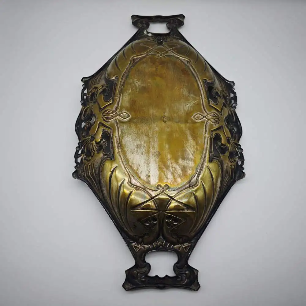 Jugendstil Schale Messing Quist Esslingen Tablett 1900 florale Lilien Blumendeko 8