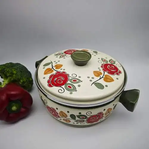 Kochtopf Baumann Tirol Blumenmuster Emaille Topf Deckel vintage beige grün rot