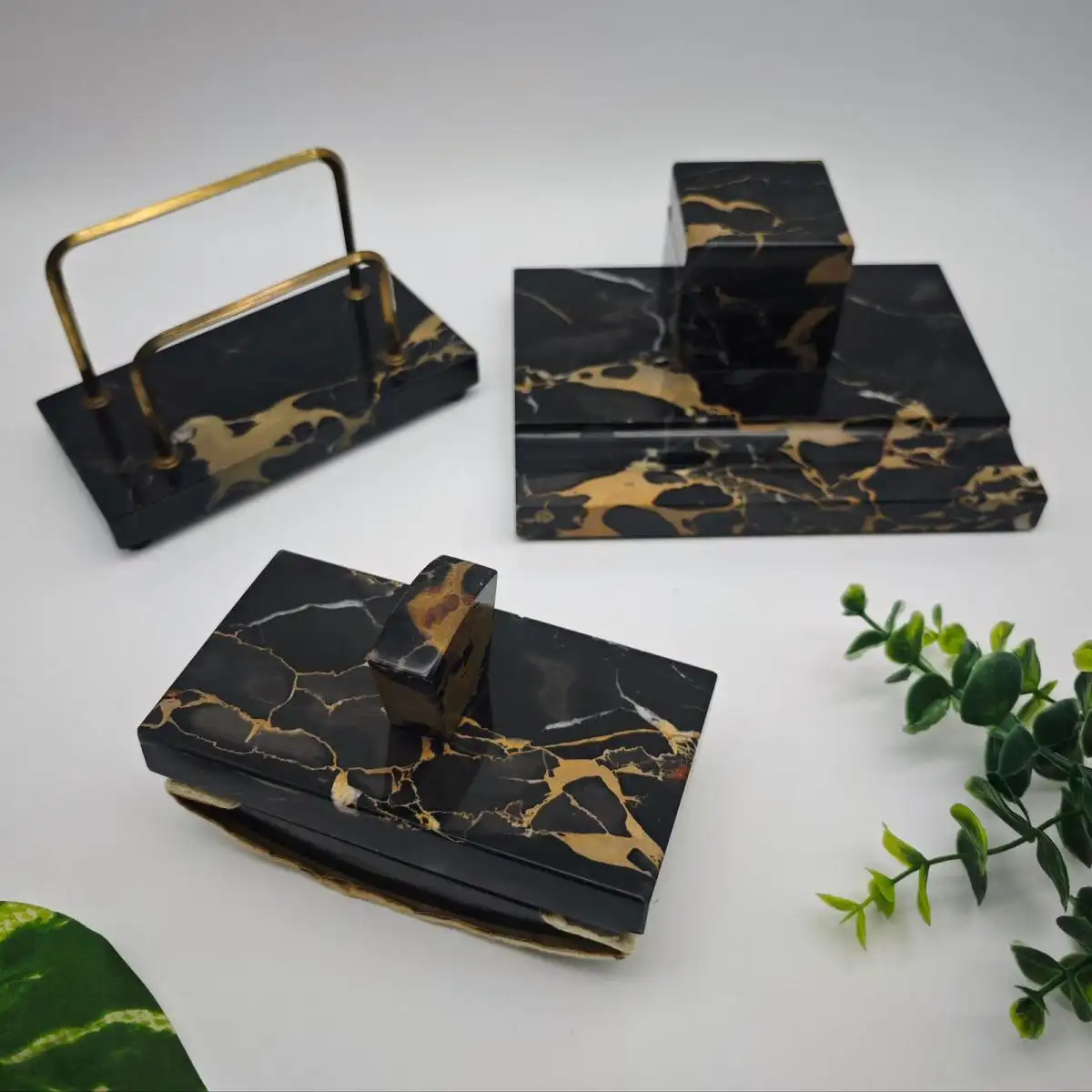 3-teiliges Schreibtischgarnitur antik schwarzer Marmor Art Deco Schreibtischset  0