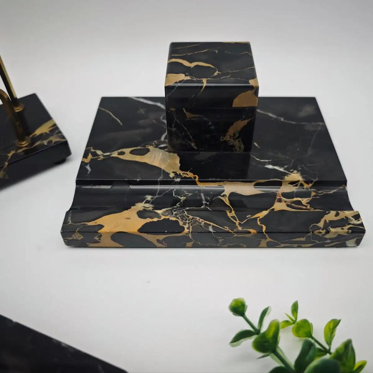 3-teiliges Schreibtischgarnitur antik schwarzer Marmor Art Deco Schreibtischset  1