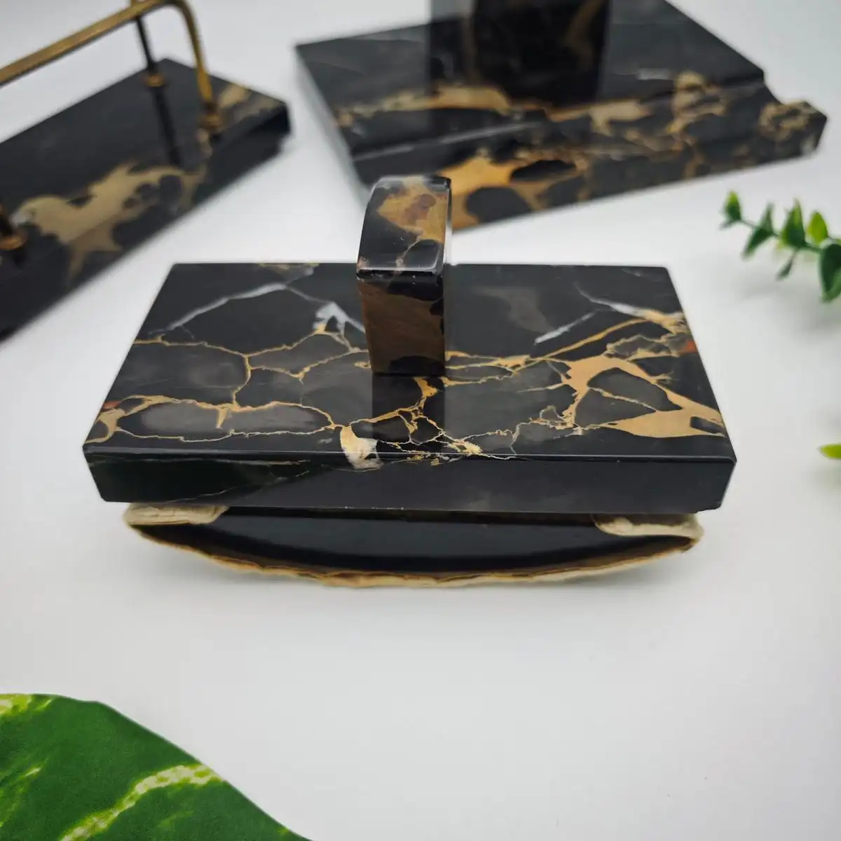 3-teiliges Schreibtischgarnitur antik schwarzer Marmor Art Deco Schreibtischset  4