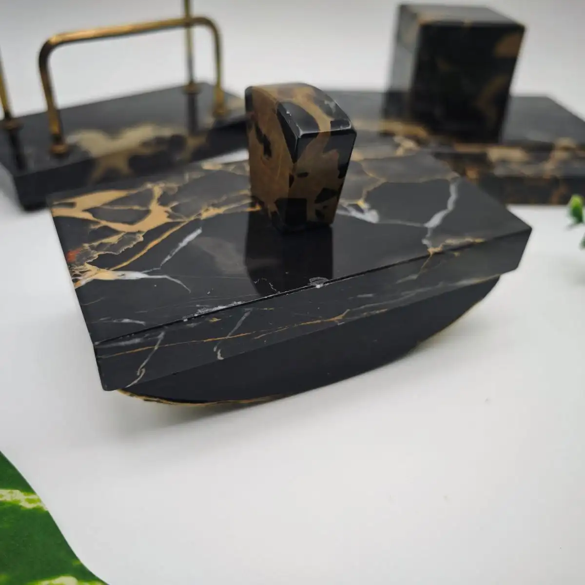 3-teiliges Schreibtischgarnitur antik schwarzer Marmor Art Deco Schreibtischset  5