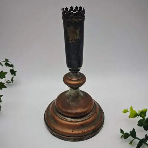 Kerzenhalter Kupfer versilbert antik Metall Gründerzeit sakral Ornamente Sterne