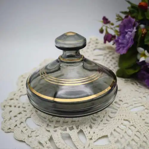 Deckeldose Glas Goldrand grau Mid Century Schmuckdose Zuckerdose Rauchglas Vanit
