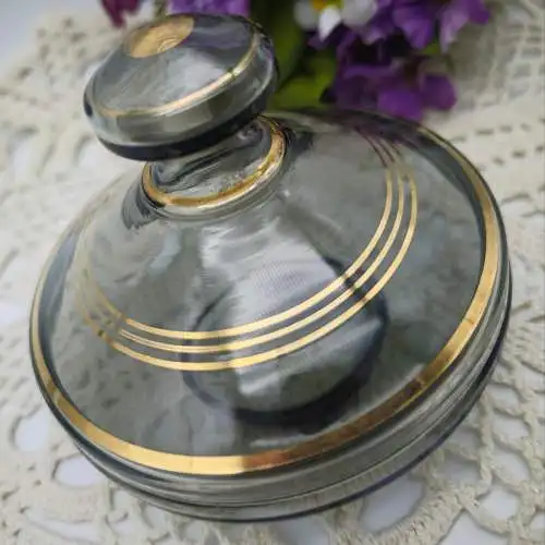 Deckeldose Glas Goldrand grau Mid Century Schmuckdose Zuckerdose Rauchglas Vanit
