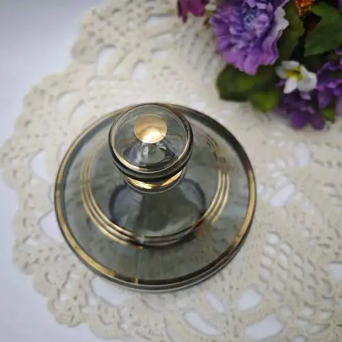 Deckeldose Glas Goldrand grau Mid Century Schmuckdose Zuckerdose Rauchglas Vanit
