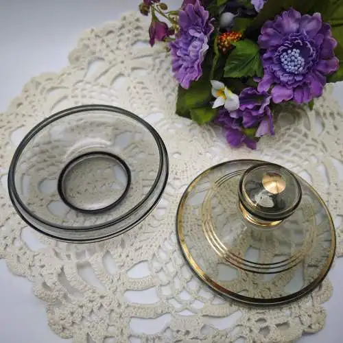 Deckeldose Glas Goldrand grau Mid Century Schmuckdose Zuckerdose Rauchglas Vanit